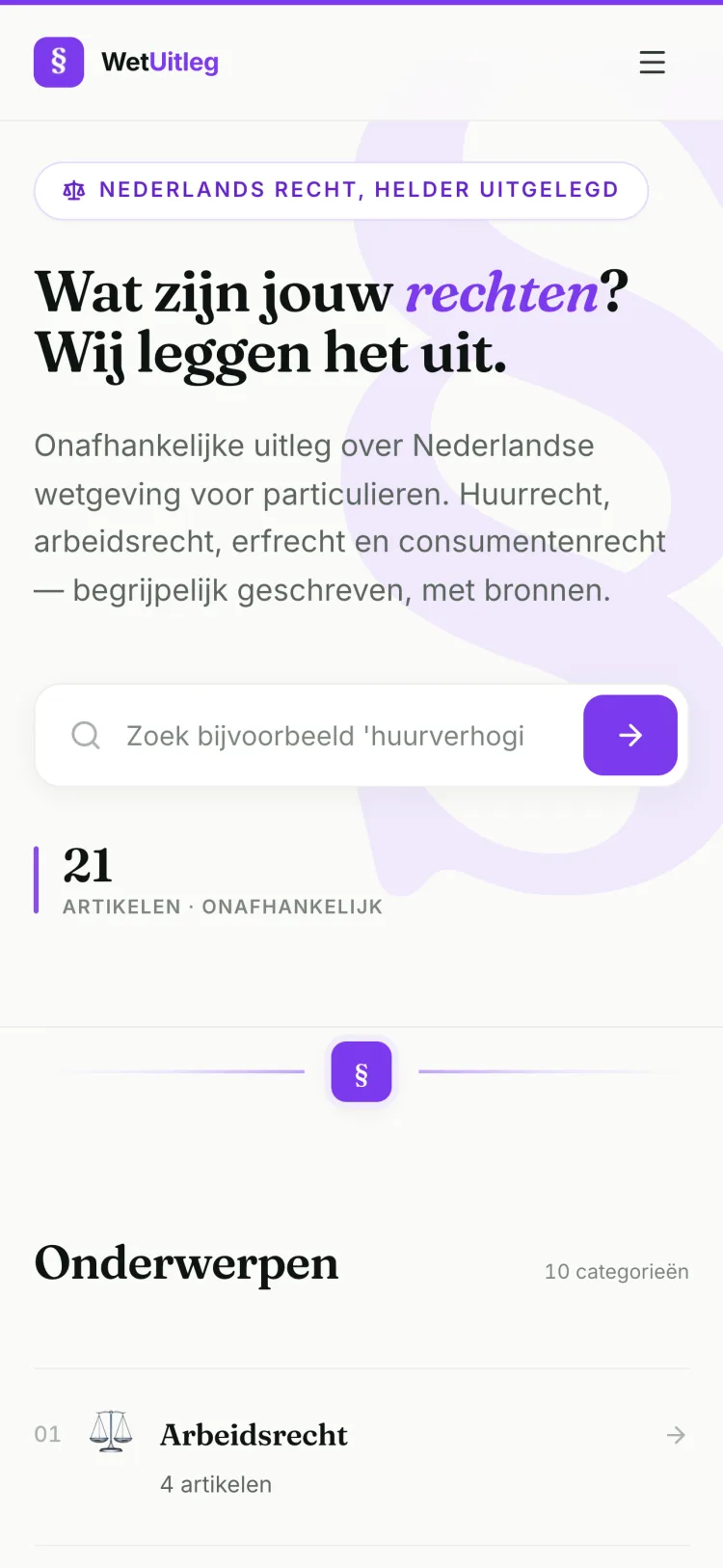 Wetuitleg.nl mobiele weergave